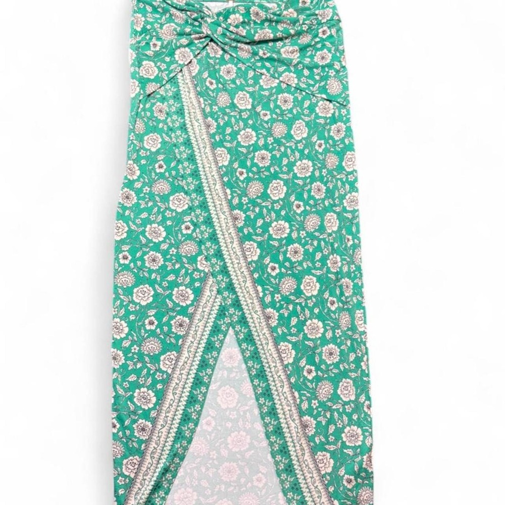Free People It Feels Right Sarong Green Floral Wrap Midi Skirt Boho Resort